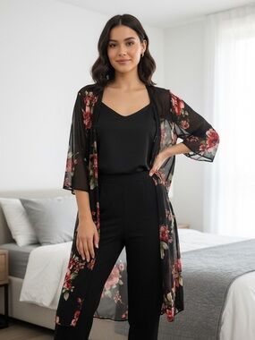 Emma & Olive Floral Black and Red Women's Cardigan/Kimono Size M